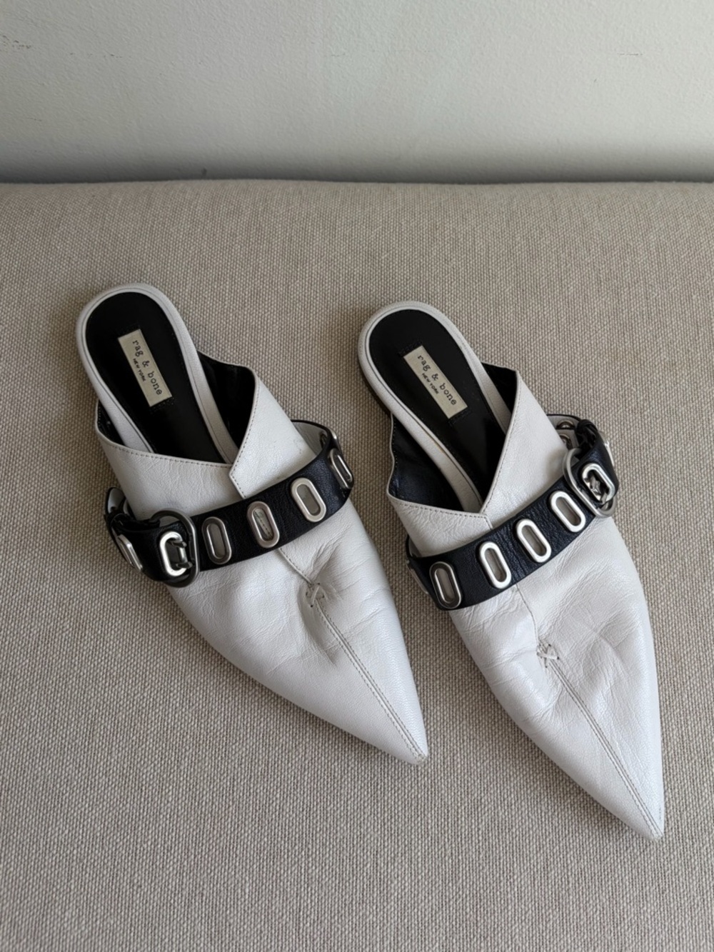 RAG & BONE Victory Womens Leather Mule Flats Sandals White Black EU 37 / US 7 - Picture 2 of 5